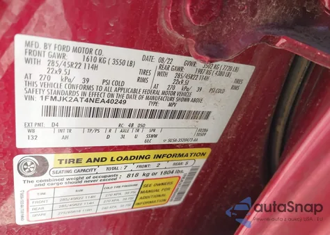 2022 Ford Expedition Limited Max z USA, uszkodzony, nr VIN 1FMJK2AT4NEA40249